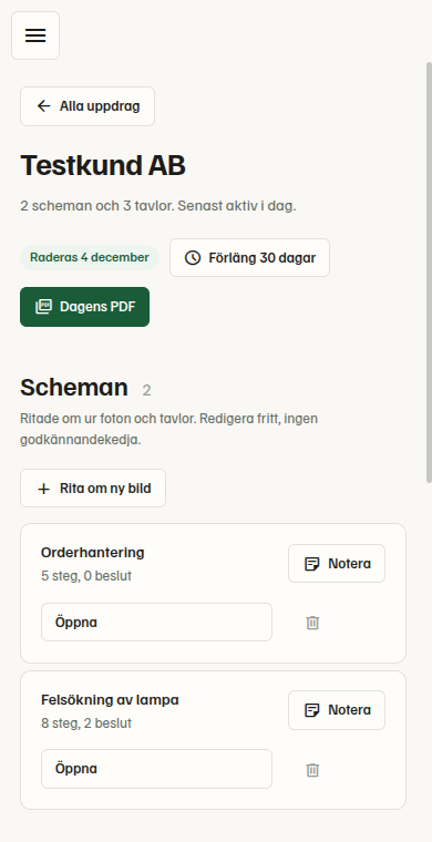 Ett uppdrag i telefonen med dagens scheman och knappen Dagens PDF